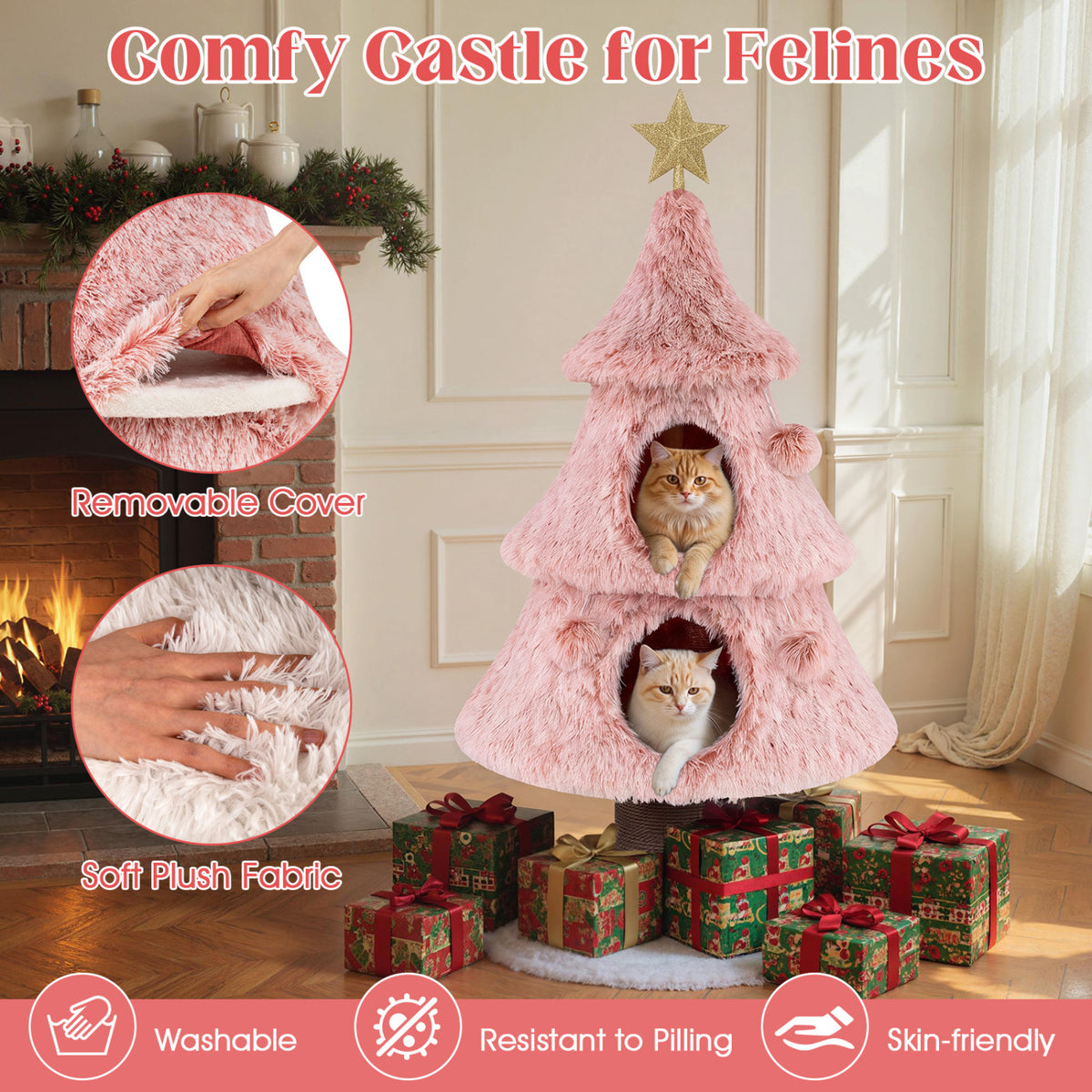 Christmas Cat Tree for Indoor Cats 48.5 inch Cute Cat Tower with 2 Large Condos Scratching Post-Pink view 9