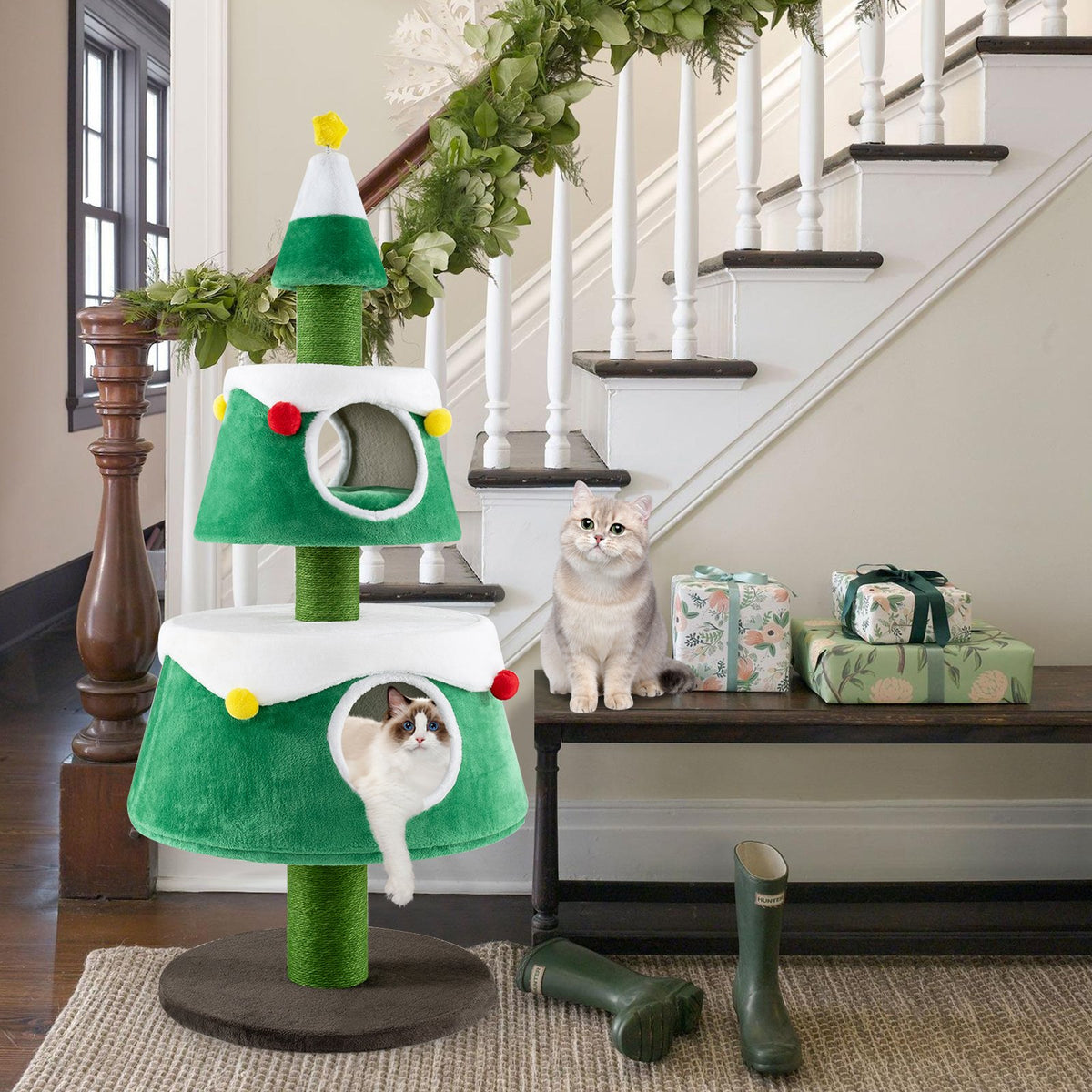 Christmas Cat Tree for Indoor Cats Cute Holiday Cat Tower with 2 Condos-Green view 2