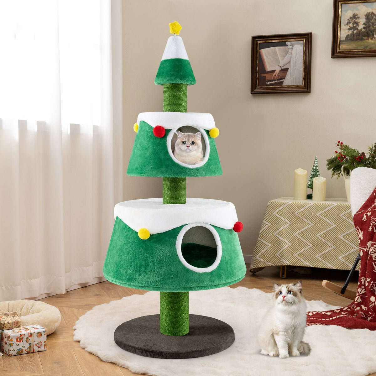 Christmas Cat Tree for Indoor Cats Cute Holiday Cat Tower with 2 Condos-Green view 3
