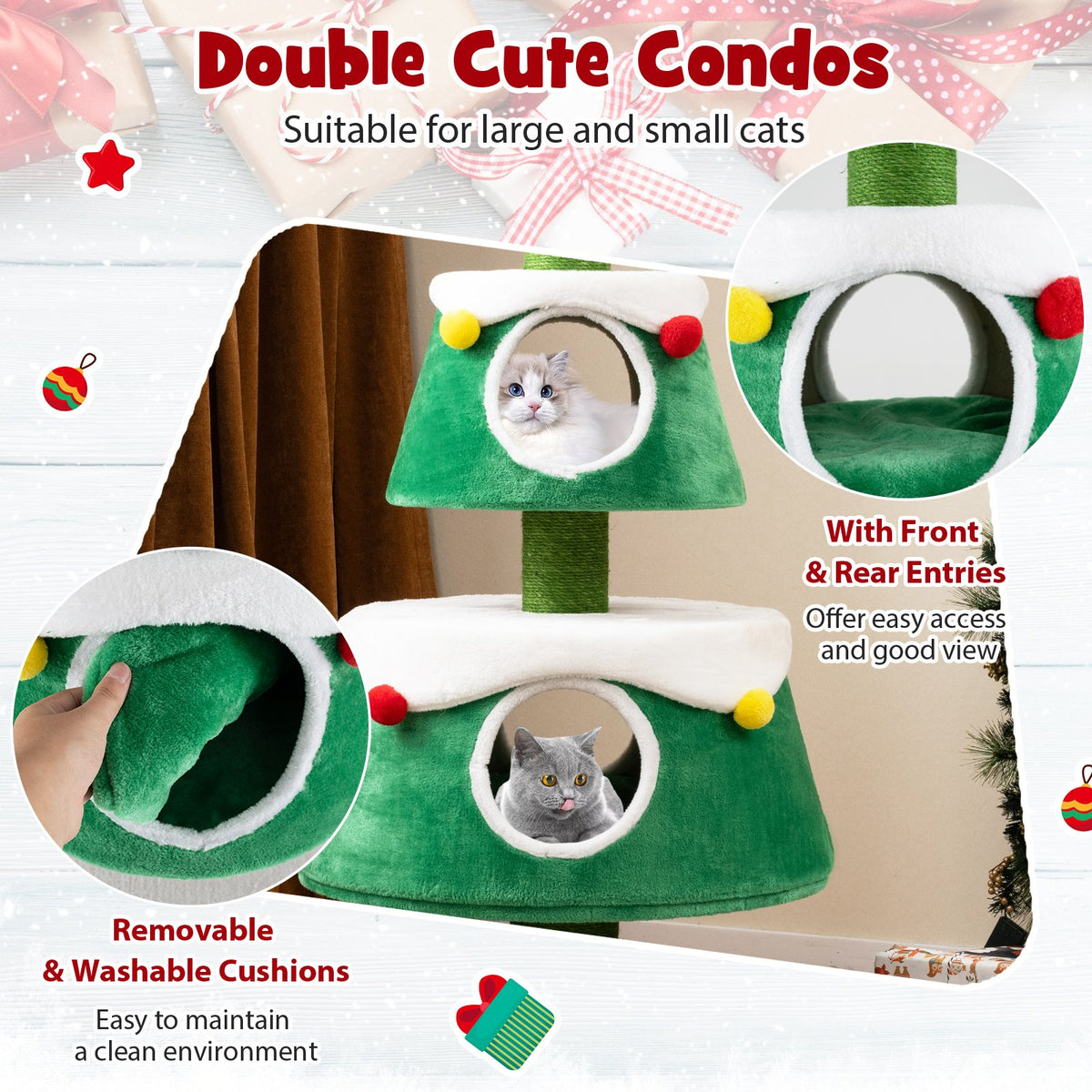 Christmas Cat Tree for Indoor Cats Cute Holiday Cat Tower with 2 Condos-Green view 9