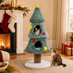 Christmas Cat Tree with 2 Condos Scratching Post and Decorative Stars-Green view 2