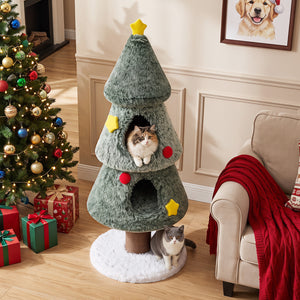 Christmas Cat Tree with 2 Condos Scratching Post and Decorative Stars-Green view 3