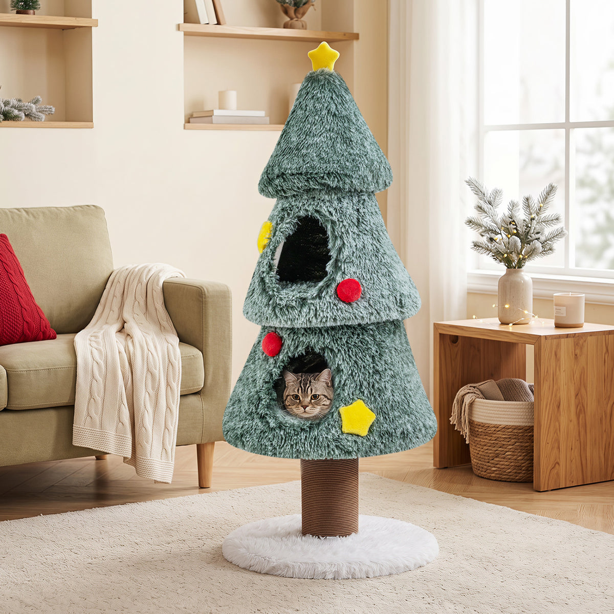 Christmas Cat Tree with 2 Condos Scratching Post and Decorative Stars-Green view 6