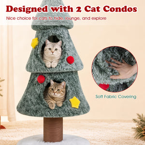 Christmas Cat Tree with 2 Condos Scratching Post and Decorative Stars-Green view 8