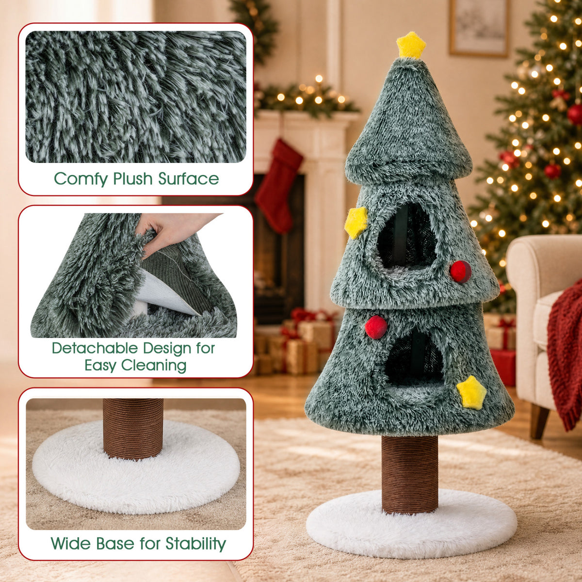 Christmas Cat Tree with 2 Condos Scratching Post and Decorative Stars-Green view 9