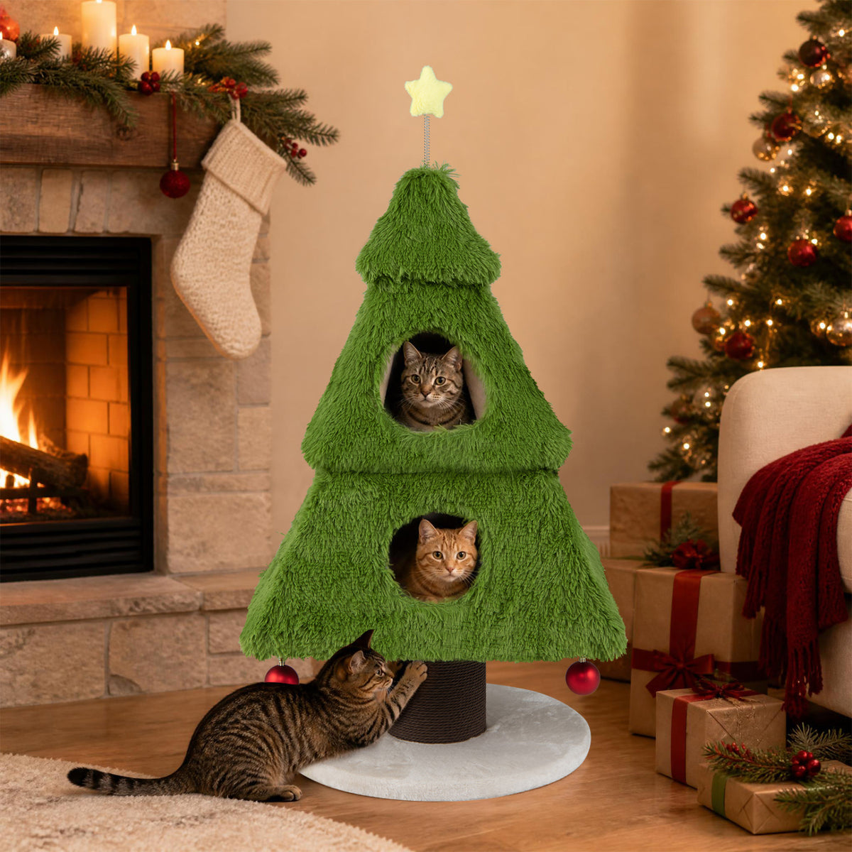 Christmas Cat Tree with Scratching Post and Dangling Balls for Indoor Cats-Green view 2