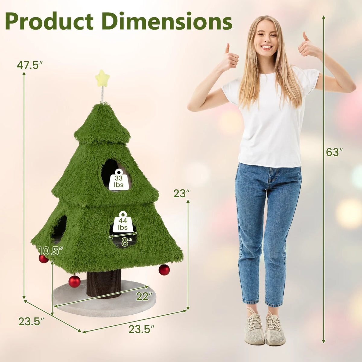 Christmas Cat Tree with Scratching Post and Dangling Balls for Indoor Cats-Green view 5