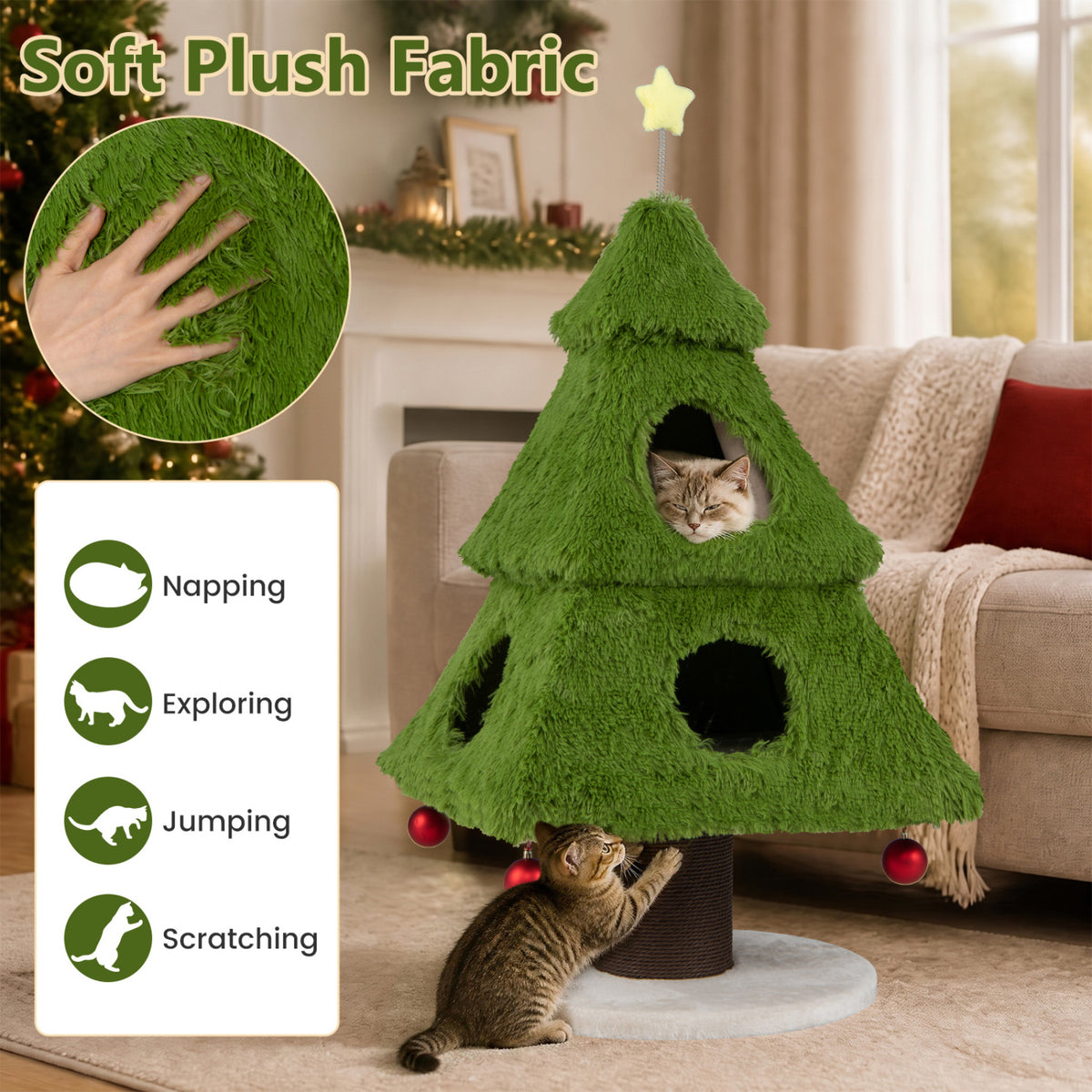 Christmas Cat Tree with Scratching Post and Dangling Balls for Indoor Cats-Green view 6