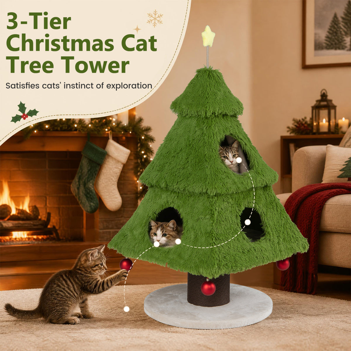 Christmas Cat Tree with Scratching Post and Dangling Balls for Indoor Cats-Green view 7