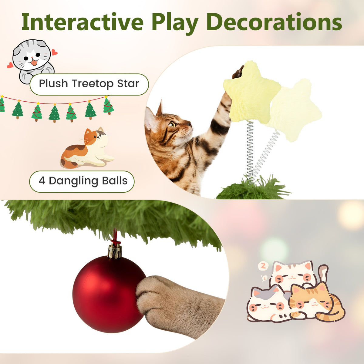 Christmas Cat Tree with Scratching Post and Dangling Balls for Indoor Cats-Green view 8
