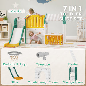 Qaba 7-in-1 Toddler Slide, Kids Slide Climber Playset with Playhouse and Basketball Hoop for 1-4 Years