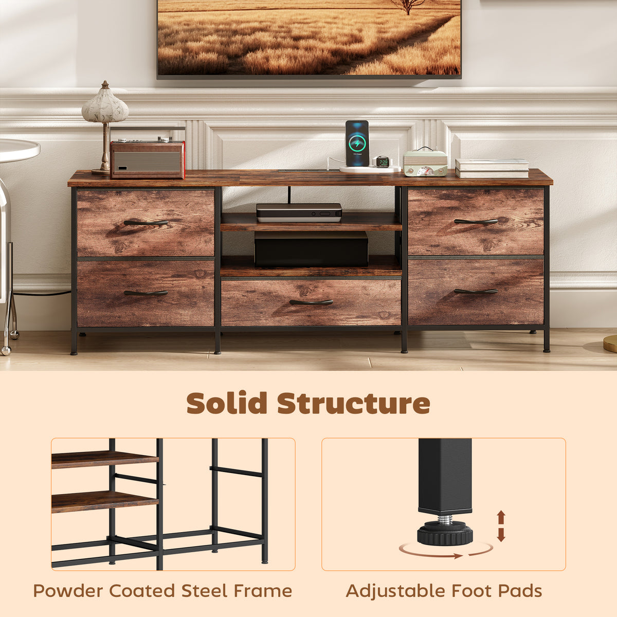 TV Stand for TVs up to 65 Inch, Industrial TV Console with Charging Station, 5 Drawers and Open Shelves – view 5
