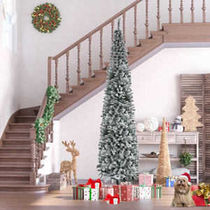 6ft Flocked Christmas Tree, Pencil Christmas Tree with Realistic Branch Tips, Folding Metal Stand, Green – view 49