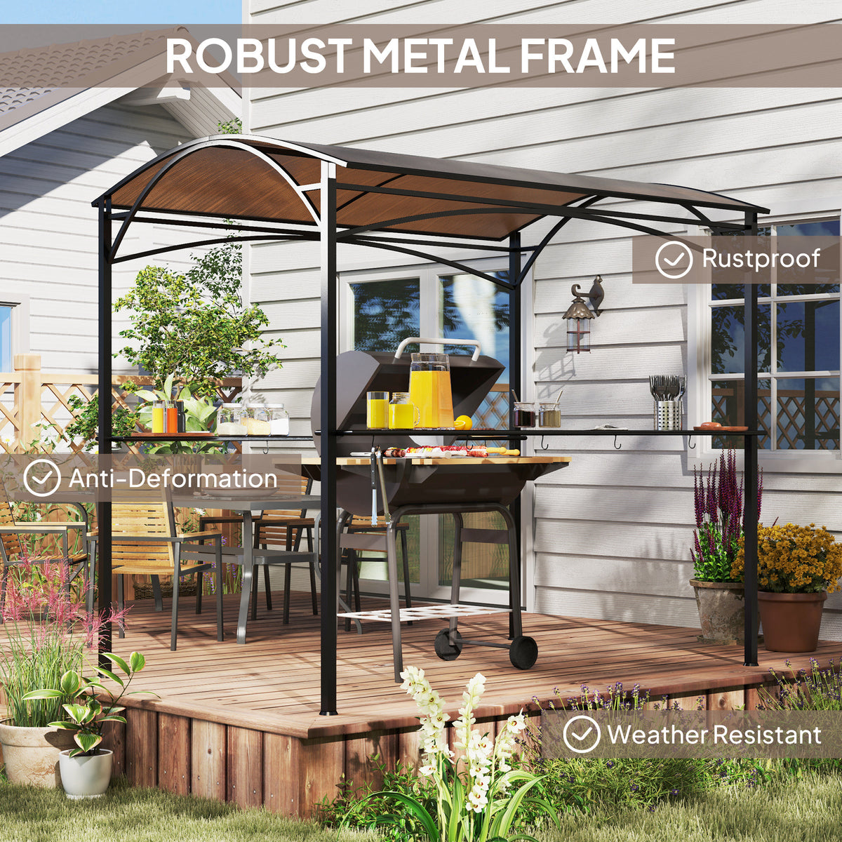 8' x 5' Hardtop Grill Gazebo, Outdoor BBQ Gazebo with PC Board Roof, BBQ Canopy Gazebo with 2 Side Shelves and 10 Hooks