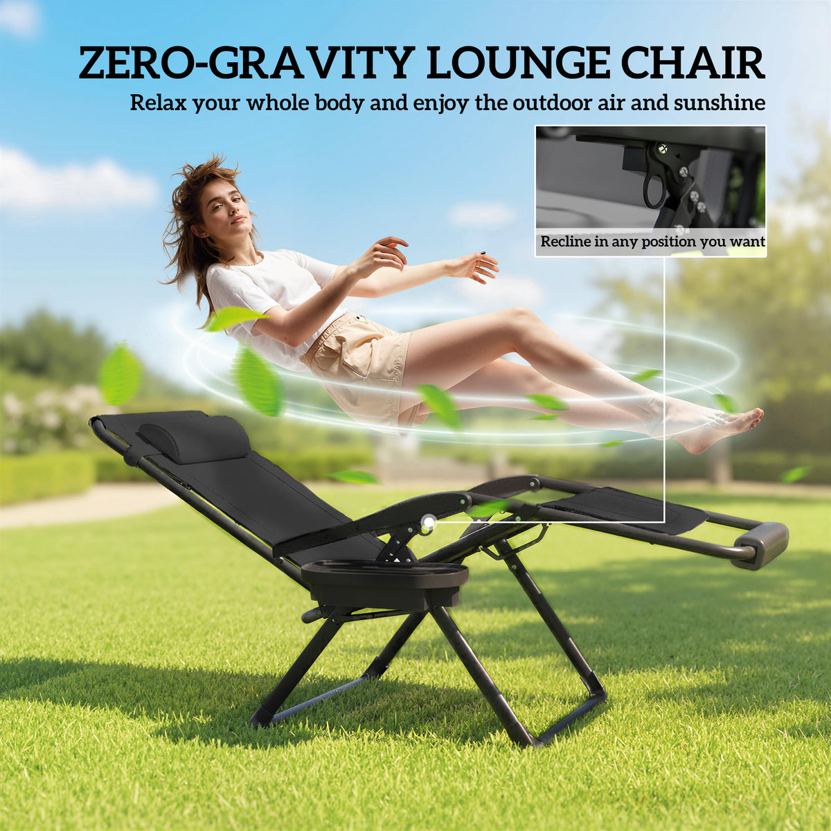 Zero Gravity Chair, Reclining Outdoor Lounger Chair with Cup Holder, 400 LBS Capacity, Black – view 3