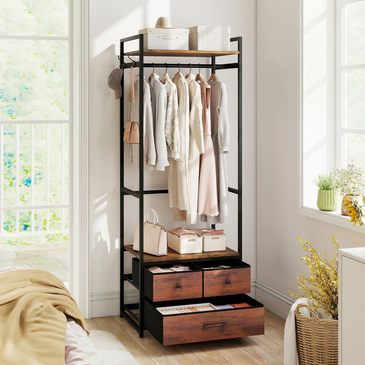 Clothes Rack with Drawers and Shelves with Side Hooks and Metal Frame-Rustic Brown view 2