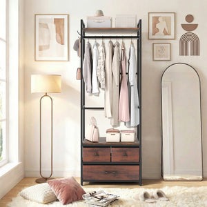 Clothes Rack with Drawers and Shelves with Side Hooks and Metal Frame-Rustic Brown view 3