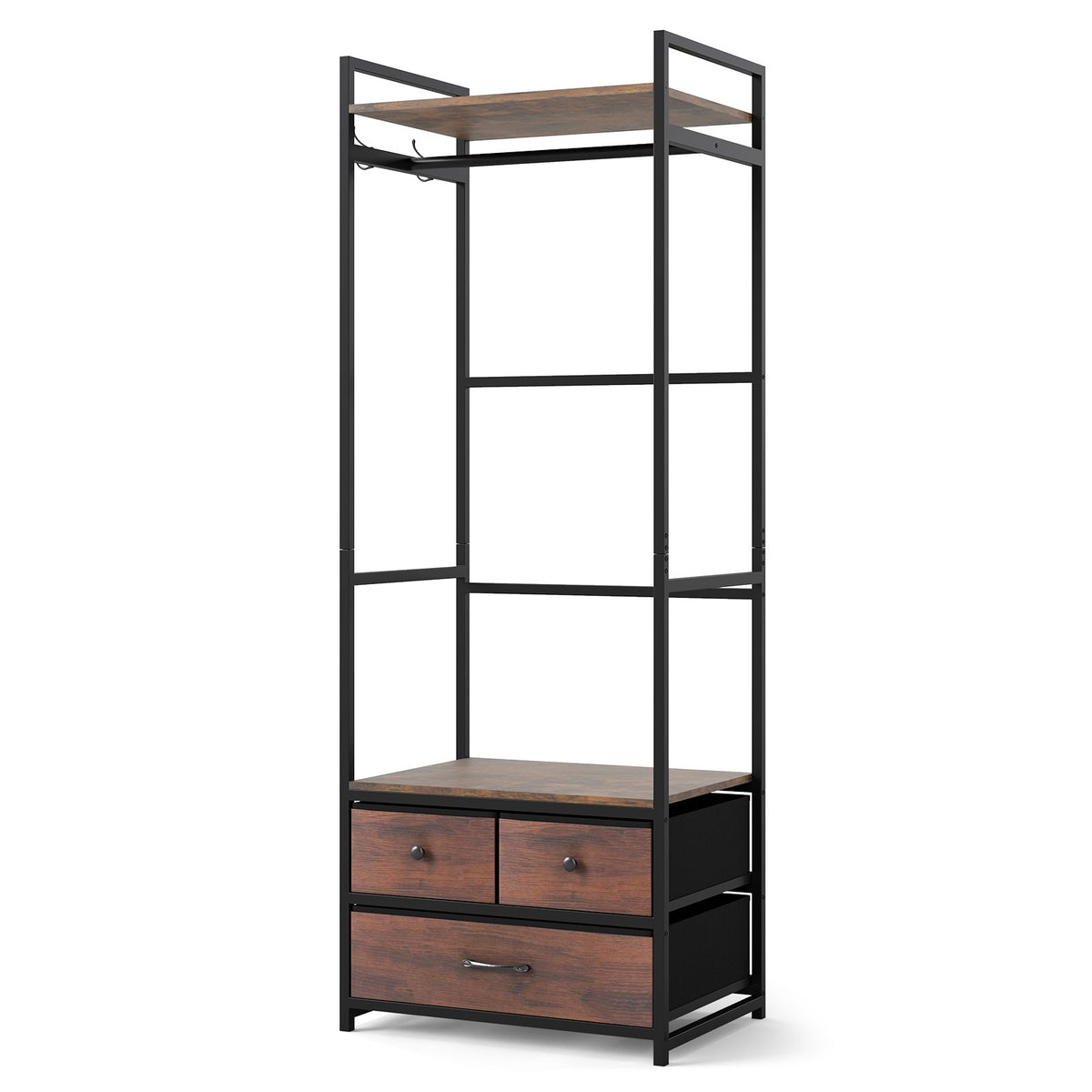Clothes Rack with Drawers and Shelves with Side Hooks and Metal Frame-Rustic Brown view 4