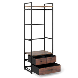Clothes Rack with Drawers and Shelves with Side Hooks and Metal Frame-Rustic Brown view 6