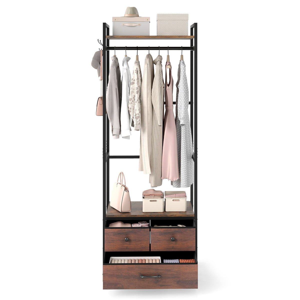 Clothes Rack with Drawers and Shelves with Side Hooks and Metal Frame-Rustic Brown view 7