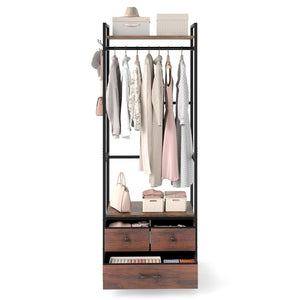 Clothes Rack with Drawers and Shelves with Side Hooks and Metal Frame-Rustic Brown view 7