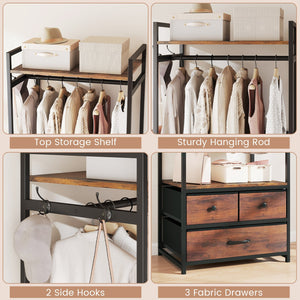 Clothes Rack with Drawers and Shelves with Side Hooks and Metal Frame-Rustic Brown view 8