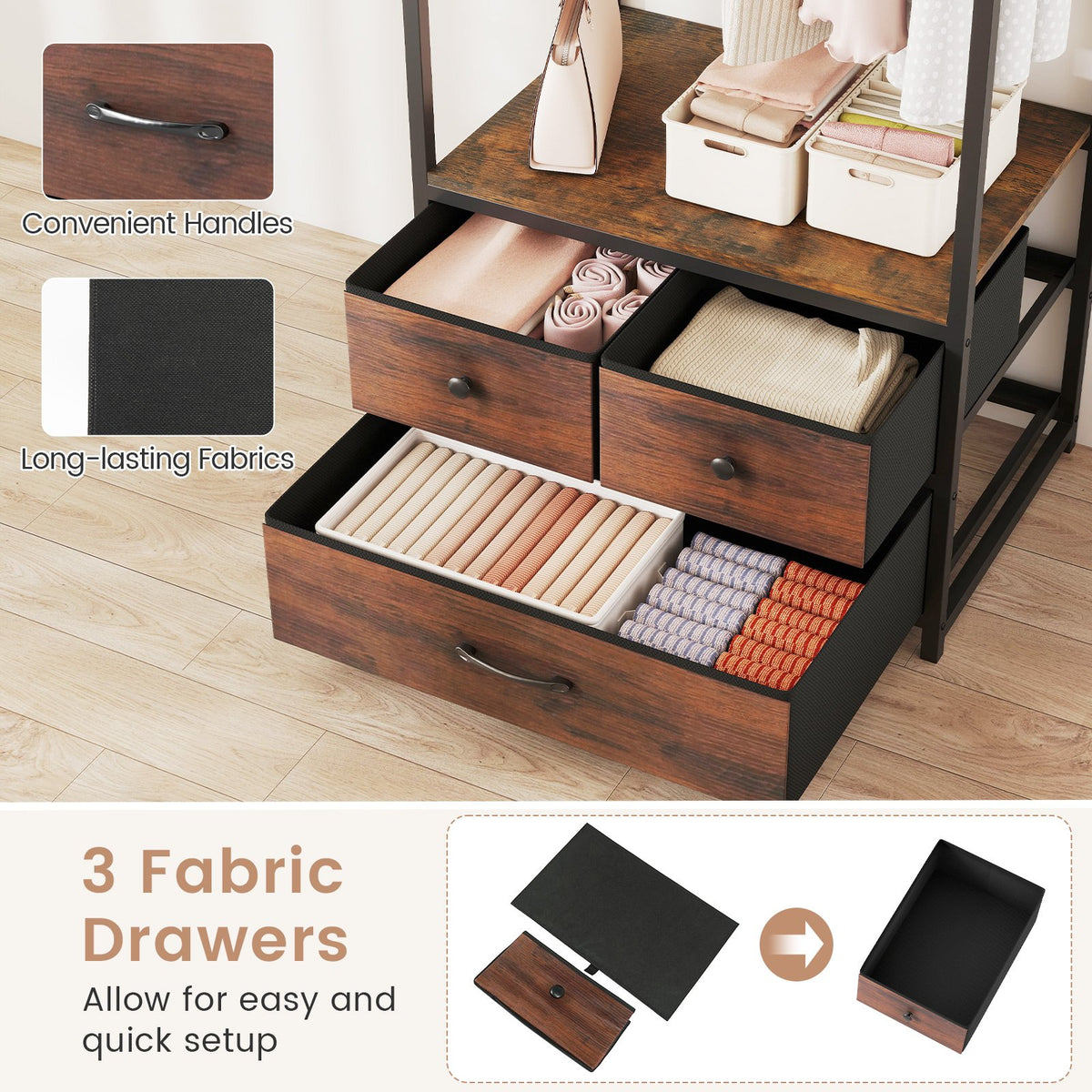 Clothes Rack with Drawers and Shelves with Side Hooks and Metal Frame-Rustic Brown view 9