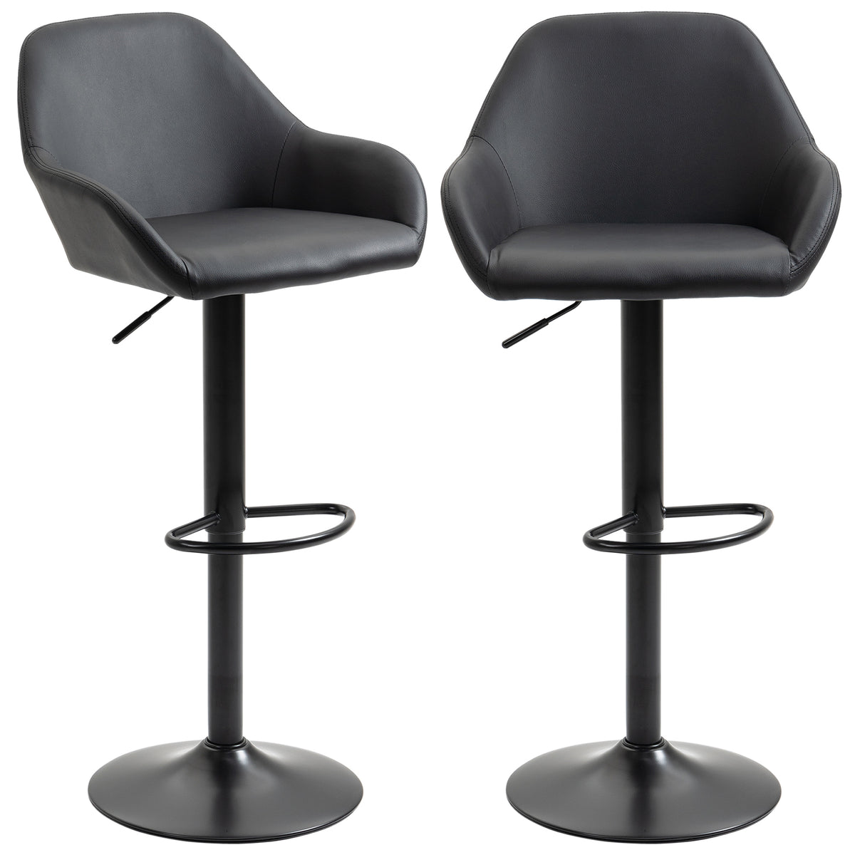 Adjustable Bar Stools Set of 2, Swivel Barstools with Footrest and Back, PU Leather and Steel Round Base, Black