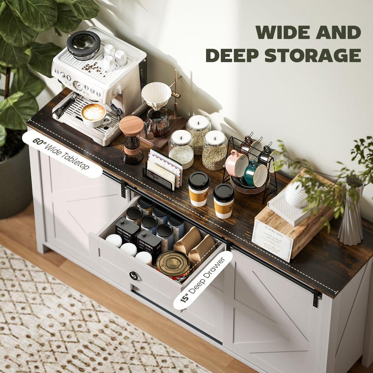 60" Buffet Cabinet, Farmhouse Sideboard with Sliding Barn Doors, Drawers and Adjustable Shelves, Cream White – view 3