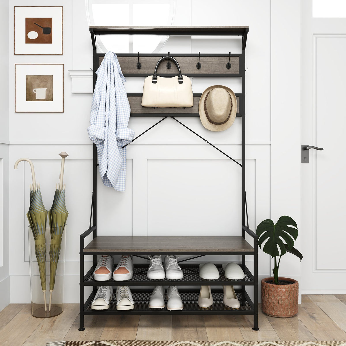 Coat Rack 4-In-1 Hall Tree with 11 Hanging Hooks Shoe Bench-Gray view 3