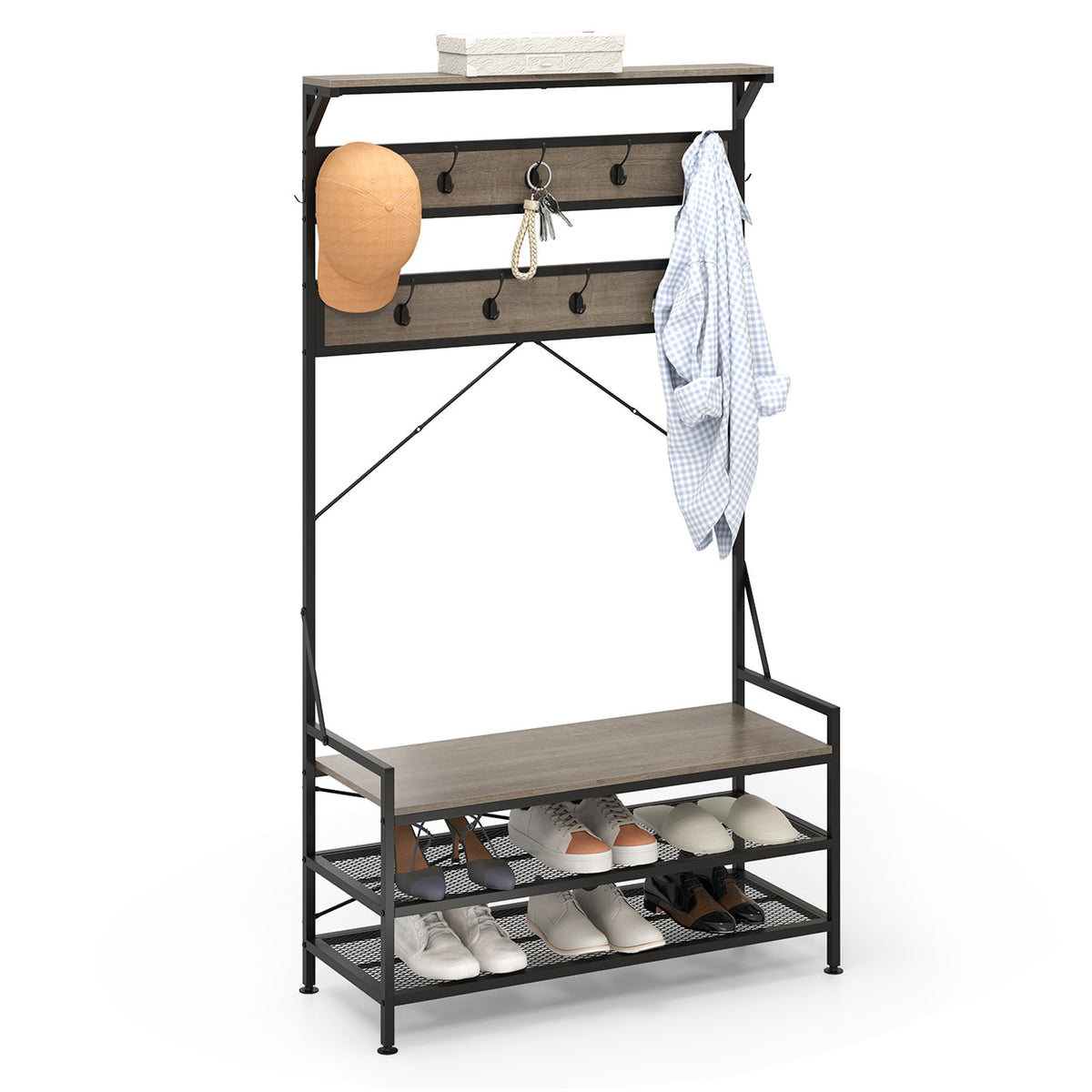 Coat Rack 4-In-1 Hall Tree with 11 Hanging Hooks Shoe Bench-Gray view 4