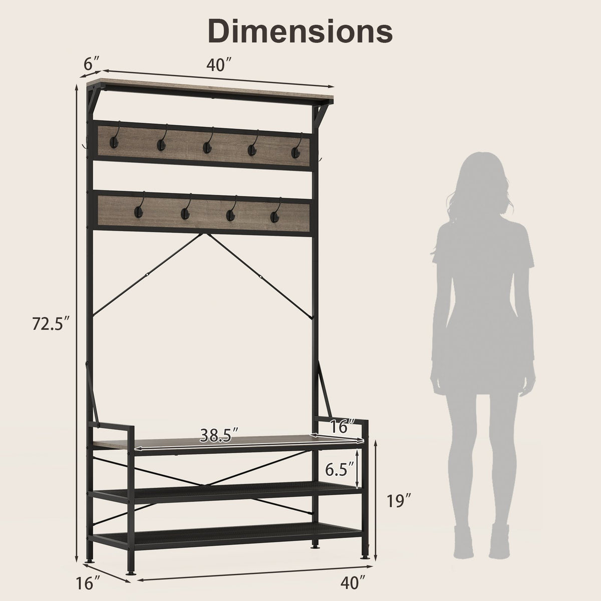 Coat Rack 4-In-1 Hall Tree with 11 Hanging Hooks Shoe Bench-Gray view 5