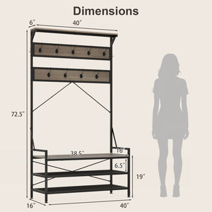 Coat Rack 4-In-1 Hall Tree with 11 Hanging Hooks Shoe Bench-Gray view 5