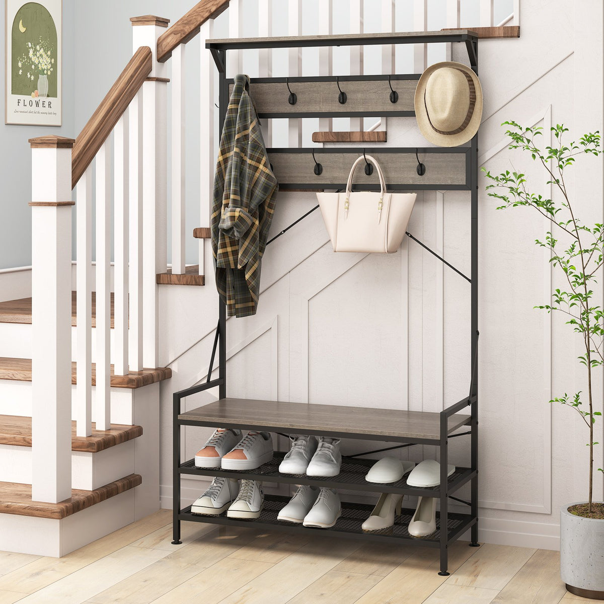 Coat Rack 4-In-1 Hall Tree with 11 Hanging Hooks Shoe Bench-Gray view 6