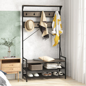 Coat Rack 4-In-1 Hall Tree with 11 Hanging Hooks Shoe Bench-Gray view 7