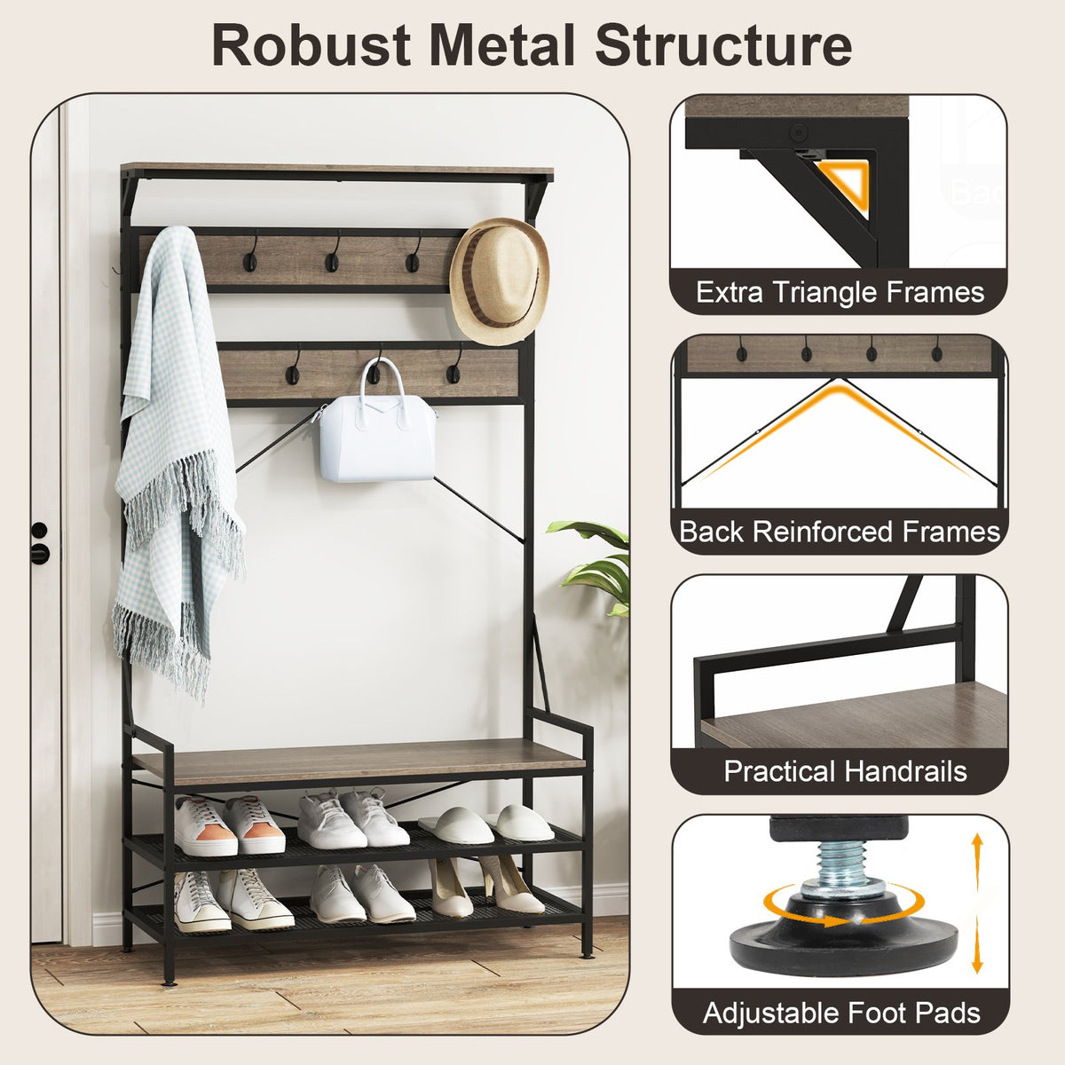 Coat Rack 4-In-1 Hall Tree with 11 Hanging Hooks Shoe Bench-Gray view 9