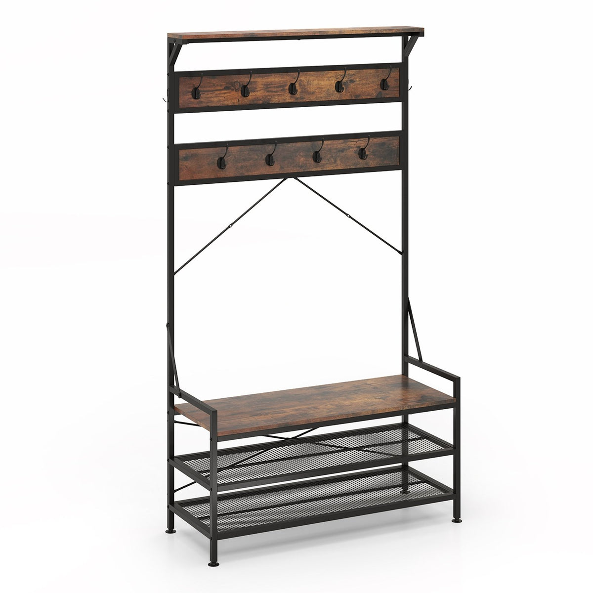 Coat Rack 4-In-1 Hall Tree with 11 Hanging Hooks Shoe Bench-Rustic Brown