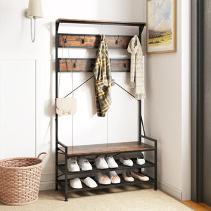 Coat Rack 4-In-1 Hall Tree with 11 Hanging Hooks Shoe Bench-Rustic Brown view 2