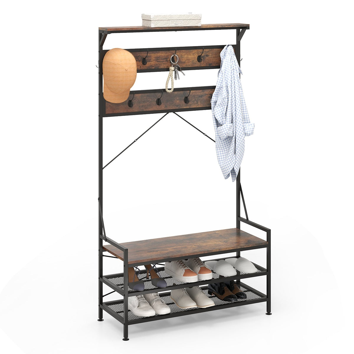 Coat Rack 4-In-1 Hall Tree with 11 Hanging Hooks Shoe Bench-Rustic Brown view 4