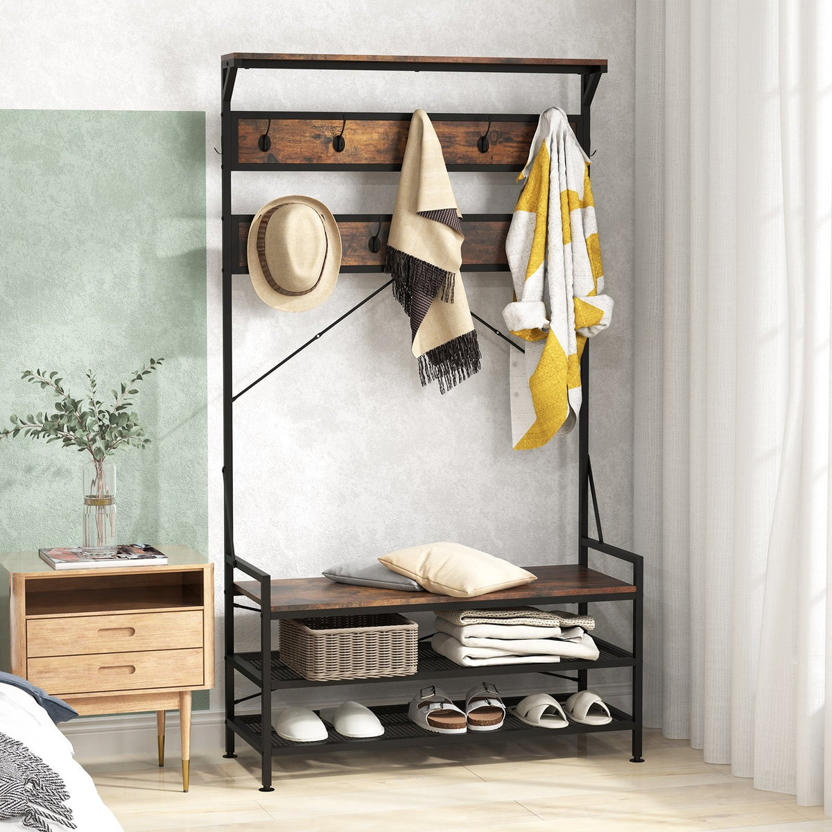 Coat Rack 4-In-1 Hall Tree with 11 Hanging Hooks Shoe Bench-Rustic Brown view 6
