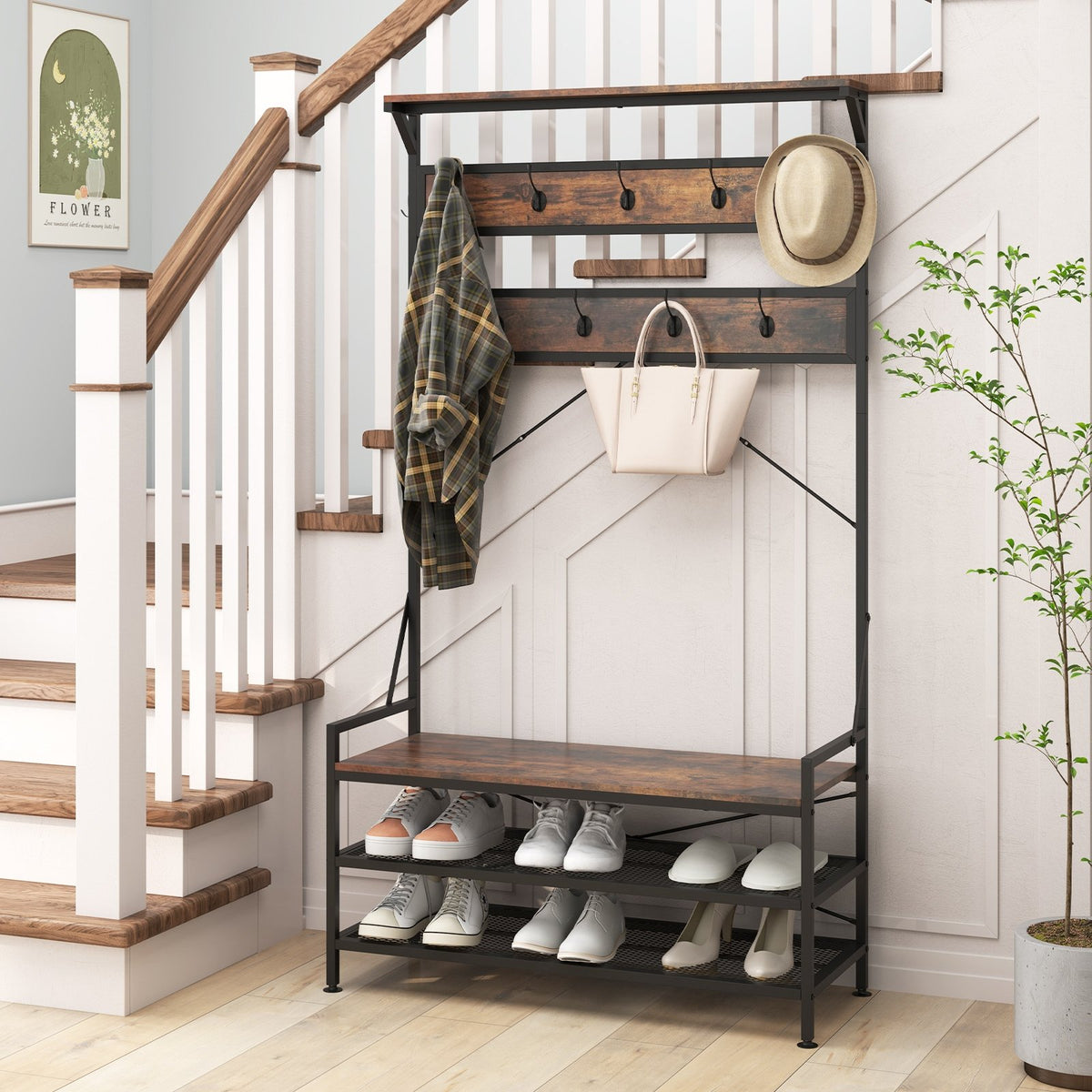 Coat Rack 4-In-1 Hall Tree with 11 Hanging Hooks Shoe Bench-Rustic Brown view 7