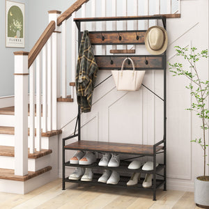 Coat Rack 4-In-1 Hall Tree with 11 Hanging Hooks Shoe Bench-Rustic Brown view 7