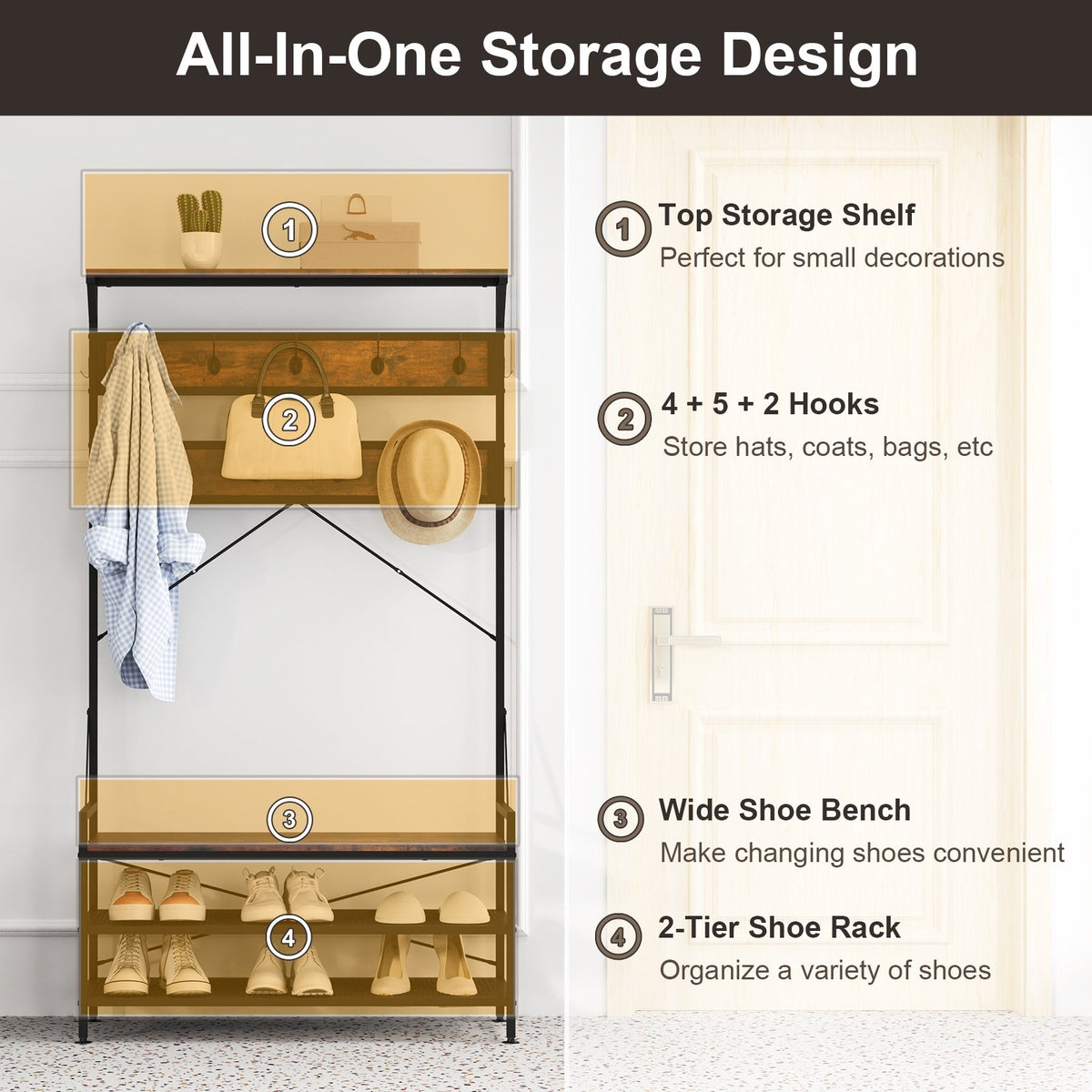 Coat Rack 4-In-1 Hall Tree with 11 Hanging Hooks Shoe Bench-Rustic Brown view 8