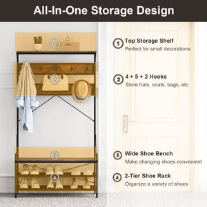Coat Rack 4-In-1 Hall Tree with 11 Hanging Hooks Shoe Bench-Rustic Brown view 8