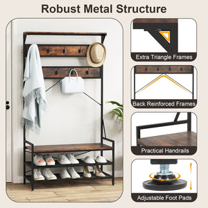 Coat Rack 4-In-1 Hall Tree with 11 Hanging Hooks Shoe Bench-Rustic Brown view 9