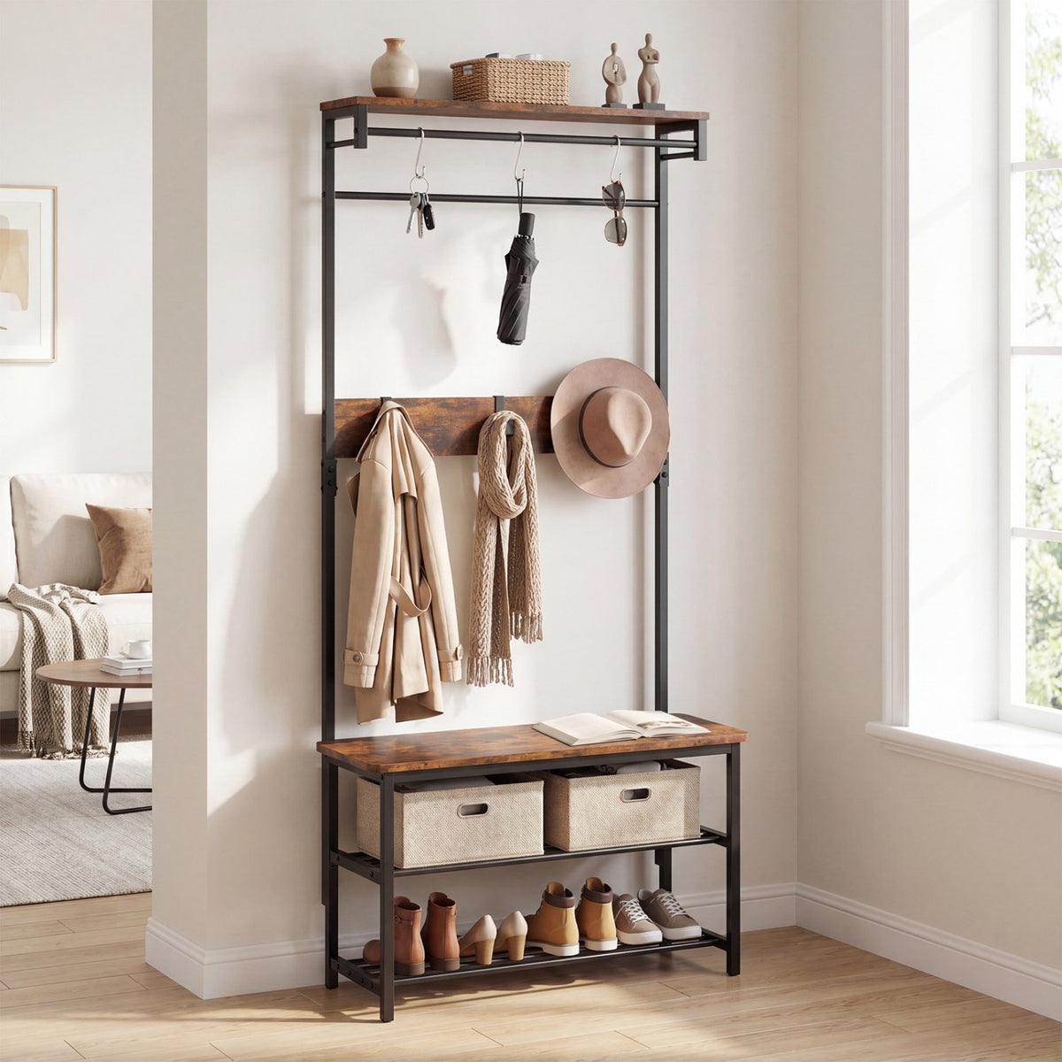 Coat Rack 4-In-1 Hall Tree with Shoe Bench and Removable Hooks-Coffee view 2