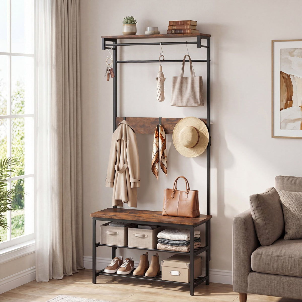 Coat Rack 4-In-1 Hall Tree with Shoe Bench and Removable Hooks-Coffee view 3