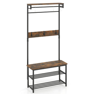 Coat Rack 4-In-1 Hall Tree with Shoe Bench and Removable Hooks-Coffee view 4