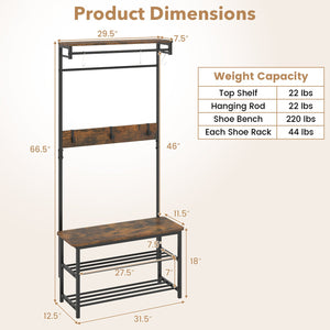 Coat Rack 4-In-1 Hall Tree with Shoe Bench and Removable Hooks-Coffee view 5
