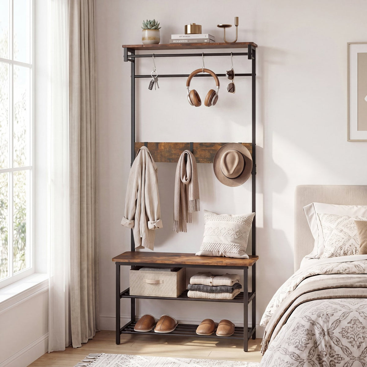 Coat Rack 4-In-1 Hall Tree with Shoe Bench and Removable Hooks-Coffee view 6